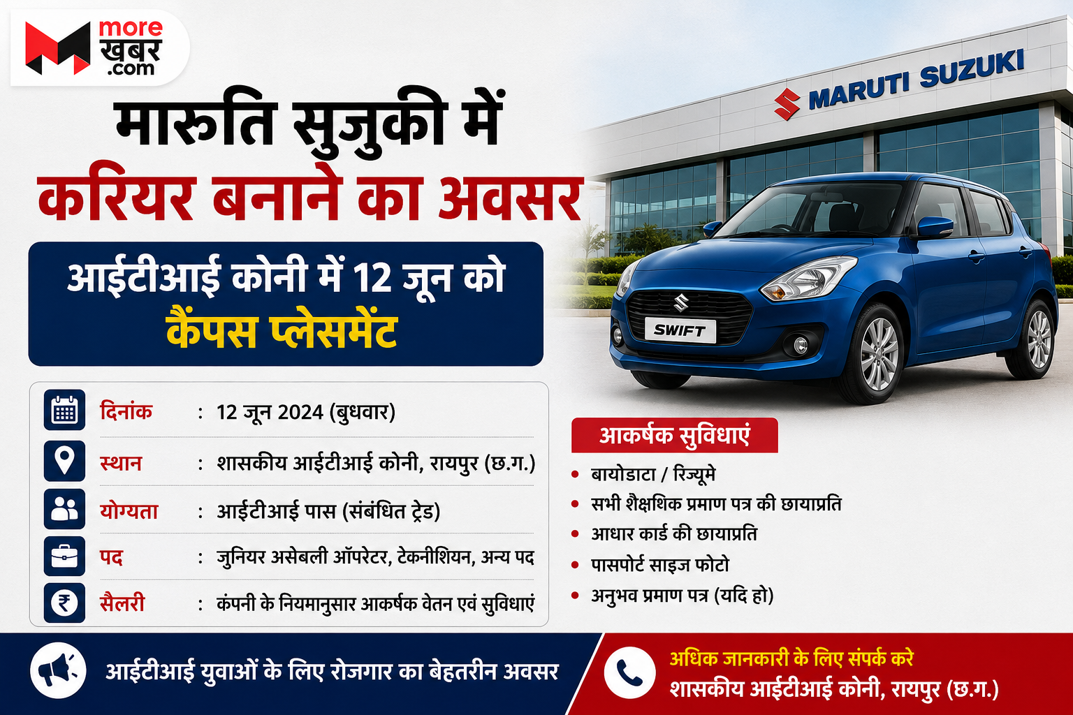 मारुति सुजुकी में करियर बनाने का अवसर, आईटीआई कोनी में 12 जून को कैंपस प्लेसमेंट